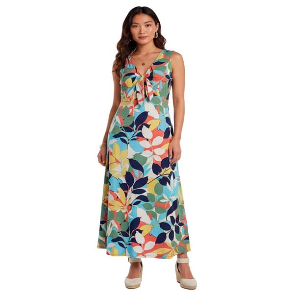 Womens Nina Leonard Sleeveless Tie Neck Tropical Leaf Midi Dress
