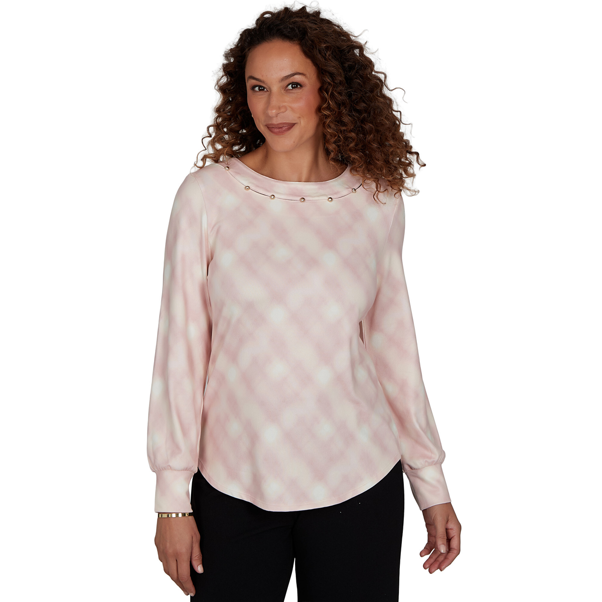 Petite Emaline Soiree Embellished Neck Abstract Plaid Sweater