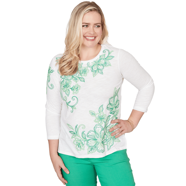 Womens Alfred Dunner Resort Living Tropical Flower Embroidered T - image 