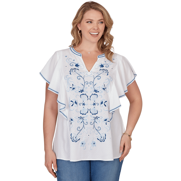 Plus Size Ruby Rd. French Riviera Ruffle Sleeve Embroidery Blouse - image 