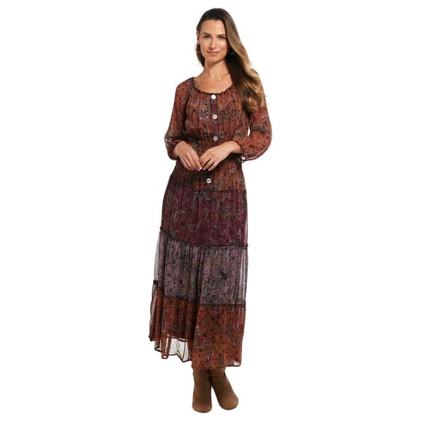 Womens Figueroa & Flower Long Sleeve Twin Print Tier Maxi Dress
