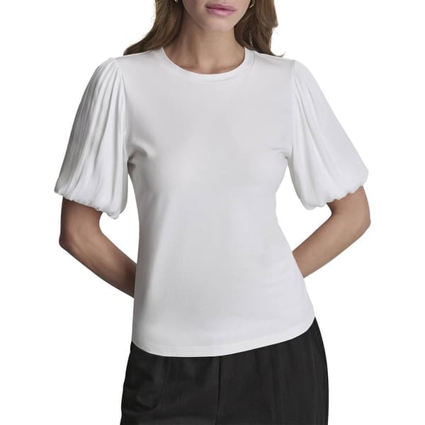 Womens DKNY Short Puff Sleeve Mixed Media Blouse - image 