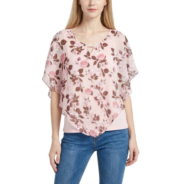 Womens NY Collection Sleeveless Split Neck Chiffon Floral Poncho