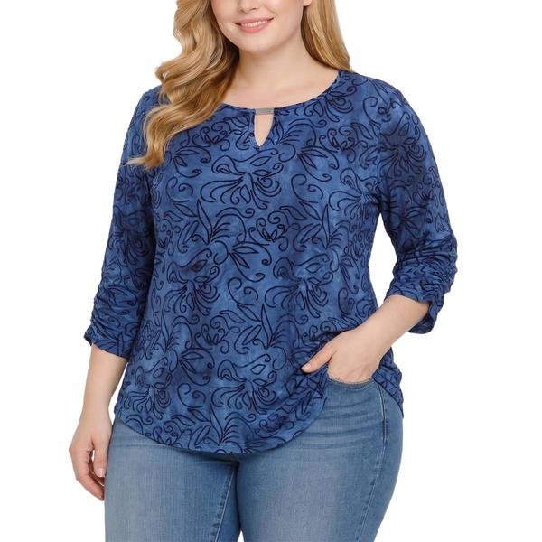Plus Size NY Collection Bracelet Sleeve Jacquard Keyhole Top Abst - image 