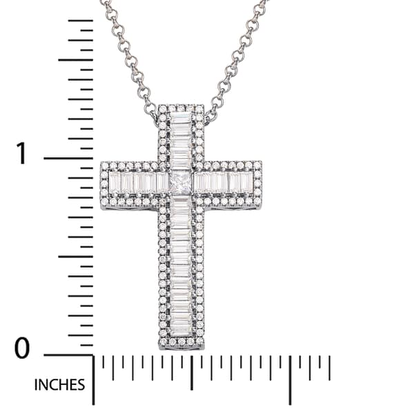 Splendere Sterling Silver Cubic Zirconia Baguette Cross Necklace