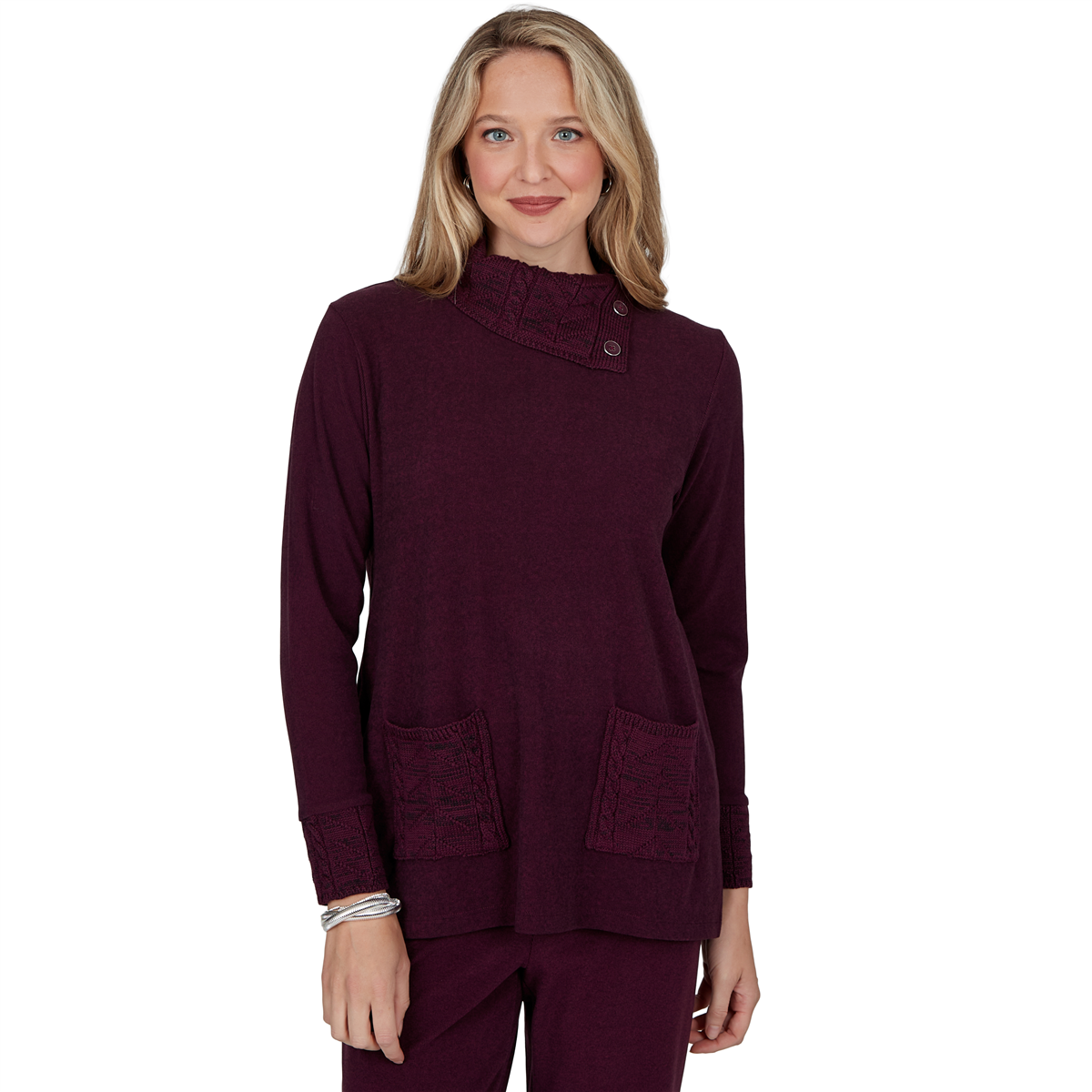 Womens Ruby Rd. Premium Luxe Rib Cable Knit Trim Sweater