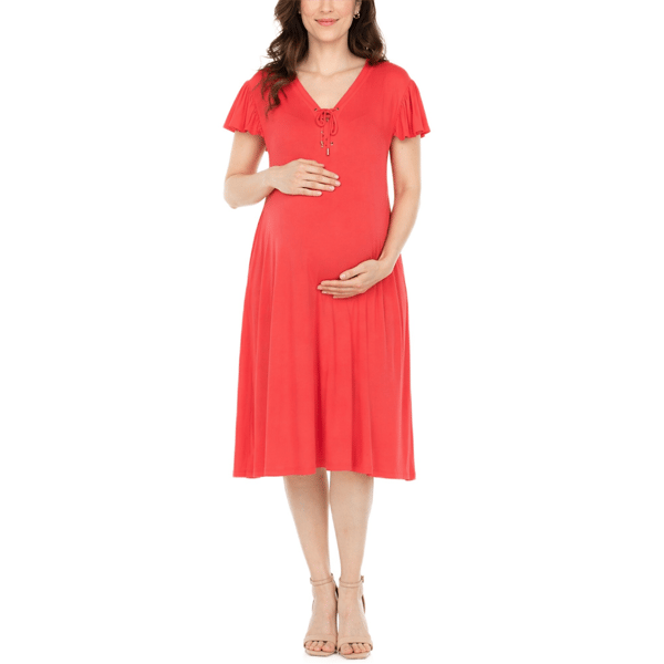 Womens White Mark Flutter Sleeve Tie Neck Maternity Dress - image 