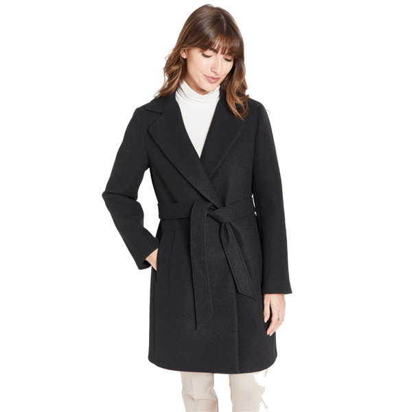 Womens Nine West Solid Faux Wool Coat With Belt