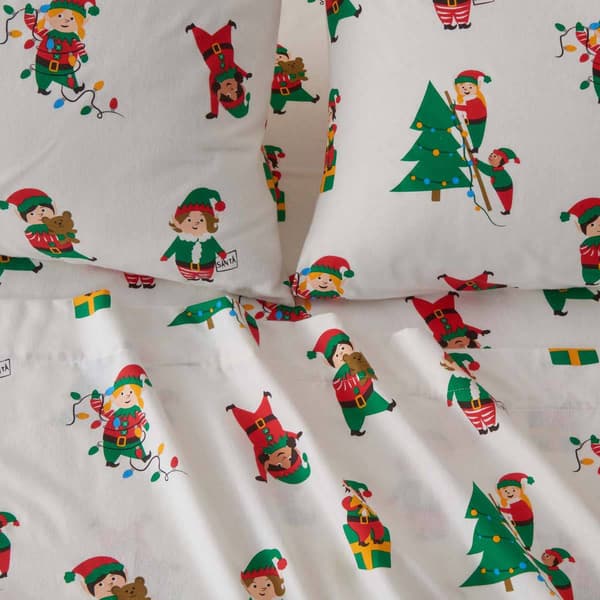 Freshfolds Cotton Christmas Elves Holiday 4pc. Flannel Sheet Set