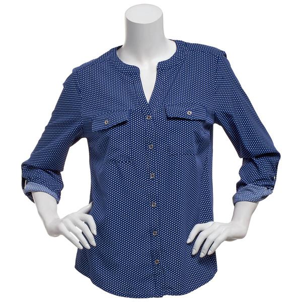 Womens Notations 3/4 Roll Tab Sleeve Dot Split Neck Blouse - image 