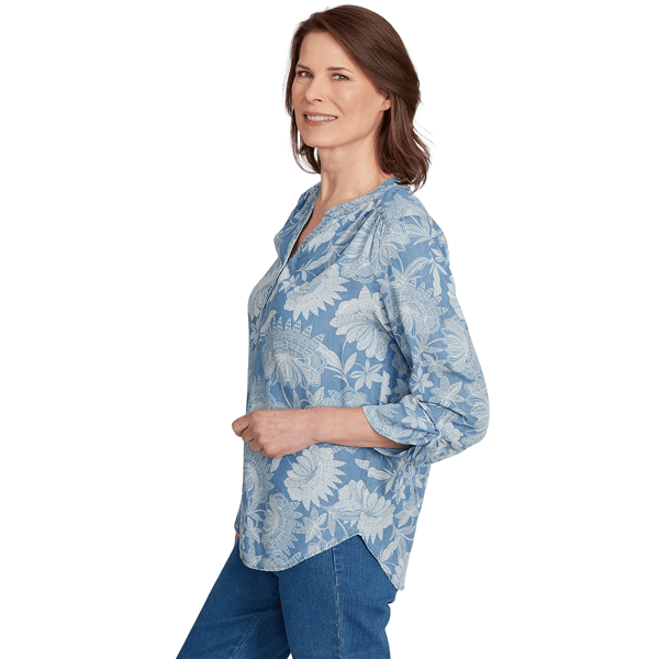 Petite Alfred Dunner Classics Split Neck Floral Tie Sleeve Blouse