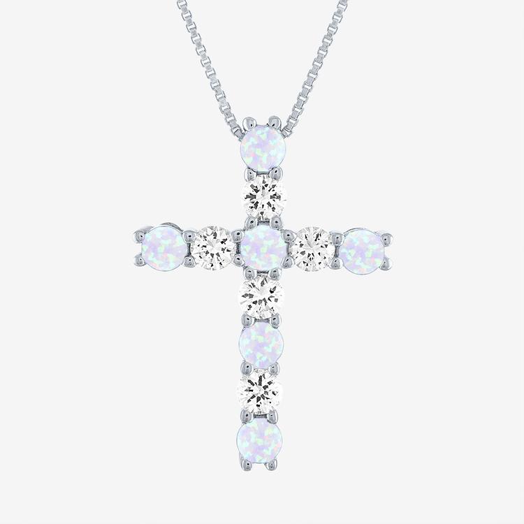 Gemstone Classics(tm) Opal & White Sapphire Cross Pendant