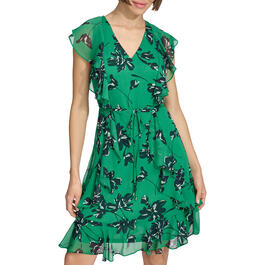 Womens Tommy Hilfiger Sleeveless Print Chiffon Ruffle Trim Dress