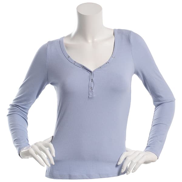 Juniors No Comment Long Sleeve Rib Snap Henley Top - image 