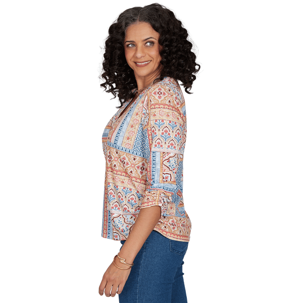 Womens Alfred Dunner Tuscany 3/4 Sleeve Patchwork Henley Blouse