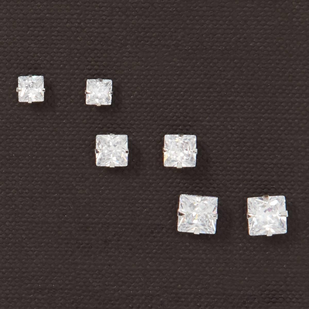 3pr. Sterling Silver & Square CZ Earrings