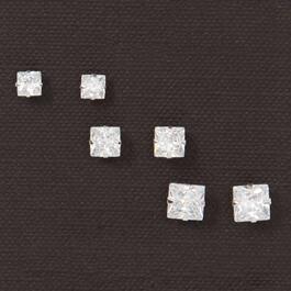 Set of 3 Sterling Silver & Square Cubic Zirconia Earrings