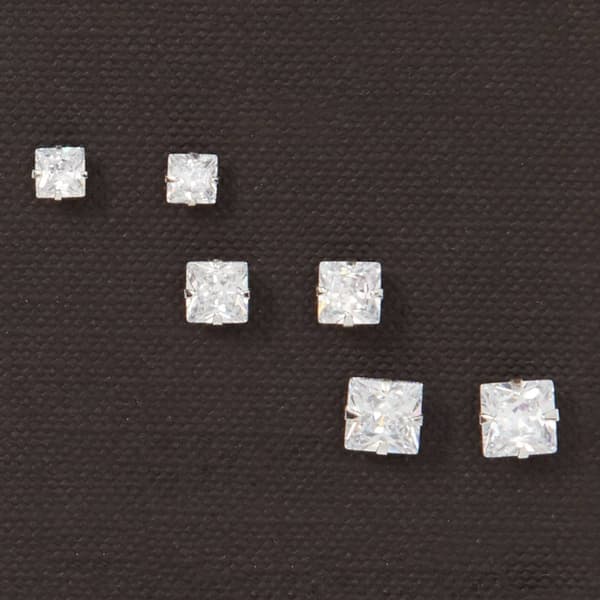 Set of 3 Sterling Silver & Square Cubic Zirconia Earrings - image 