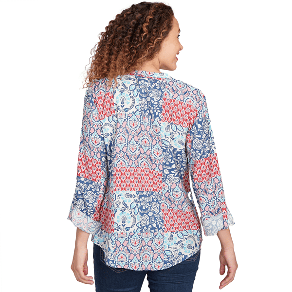 Petite Ruby Rd. Indigo Go Pintuck Patchwork Henley Blouse