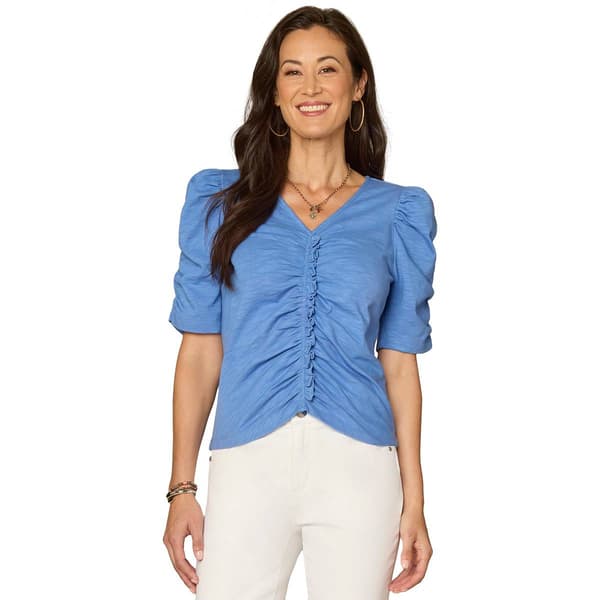 Womens Democracy Short Puff Sleeve V-Neck Ruched Front Blouse - image 