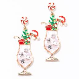 Gold-Tone Christmas Cocktail w/ Peppermint Candy Earrings