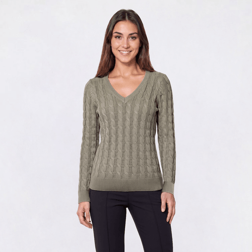 Womens Preswick & Moore® Long Sleeve Cable Knit V Neck Sweater
