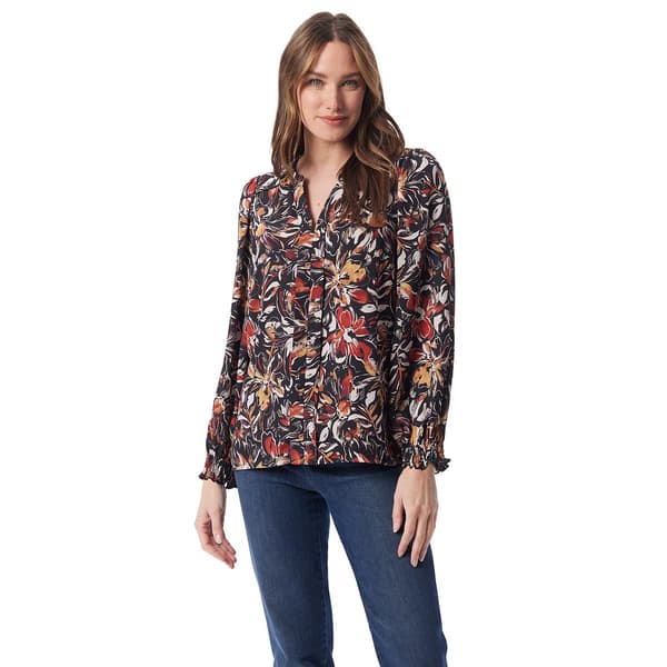 Petite Gloria Vanderbilt Long Sleeve Split Neck Floral Blouse