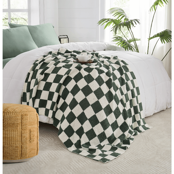 Truly Soft Cozy Checkerboard Beige Reversible Throw