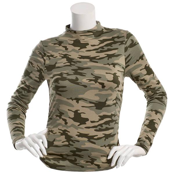 Juniors No Comment Fleece Mock Neck Long Sleeve Tee - Camo