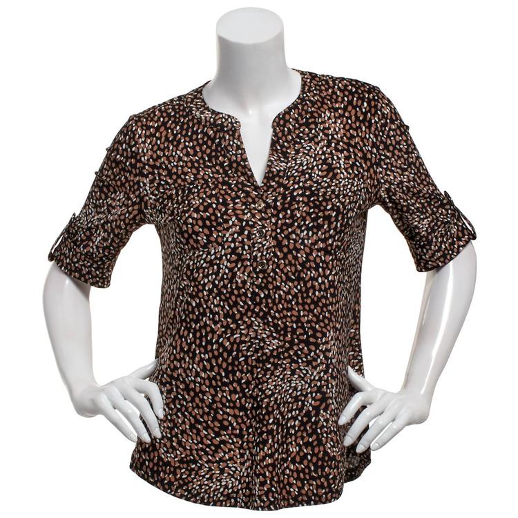 Womens AK Anne Klein 3/4 Elbow Sleeve V-Neck Smudge Dot Blouse
