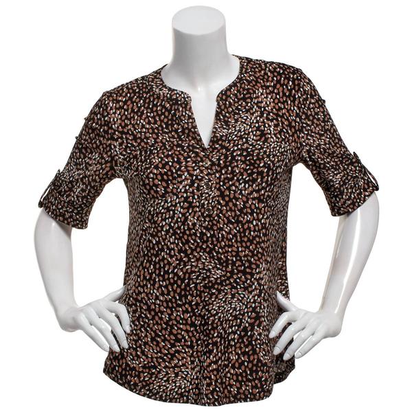 Womens AK Anne Klein 3/4 Elbow Sleeve V-Neck Smudge Dot Blouse