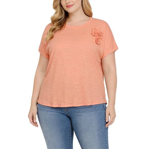 Plus Size NY Collection Short Sleeve Slub Knit Top W/3-D Flowers - image 