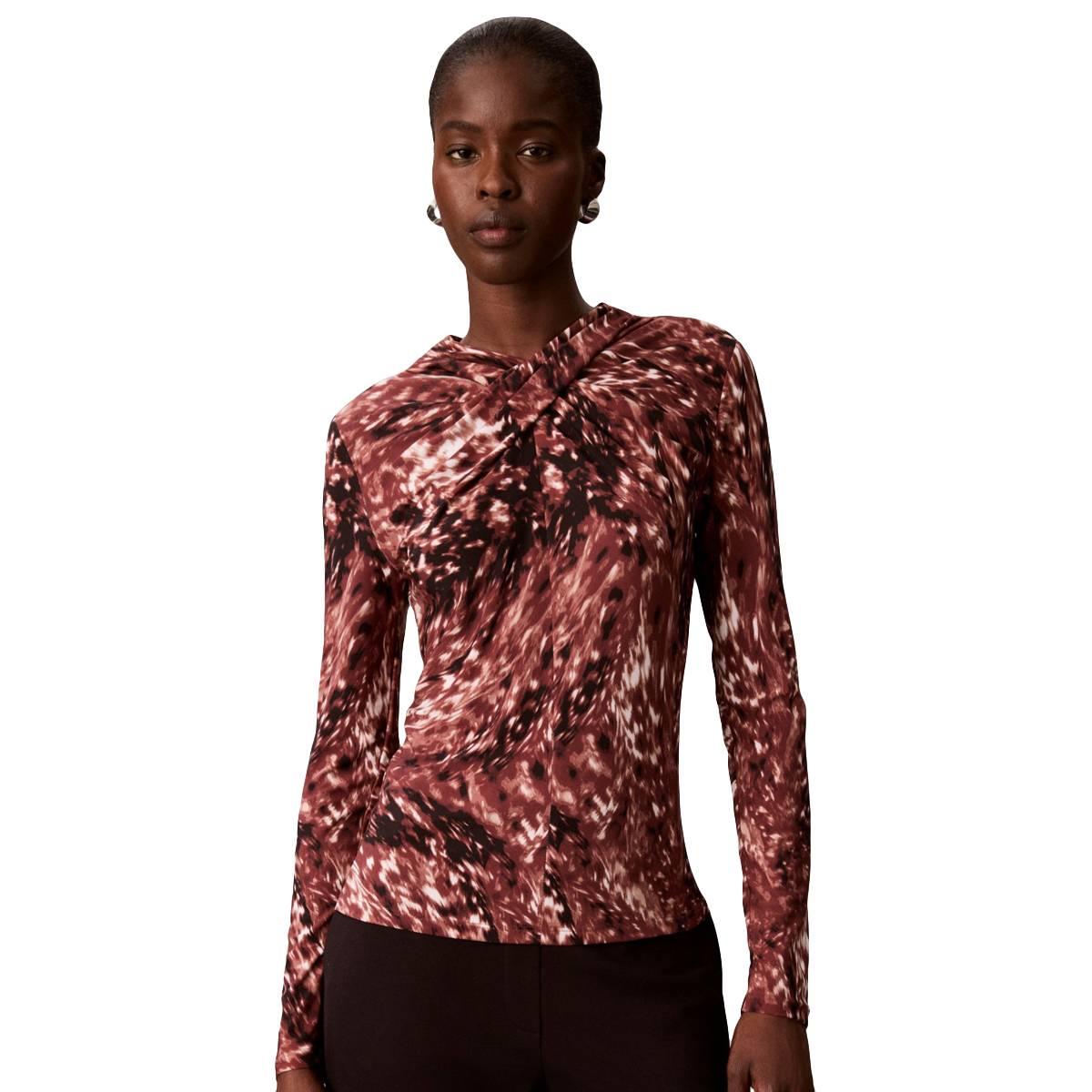 Womens Calvin Klein Long Sleeve Twist Neck Blurred Animal Print