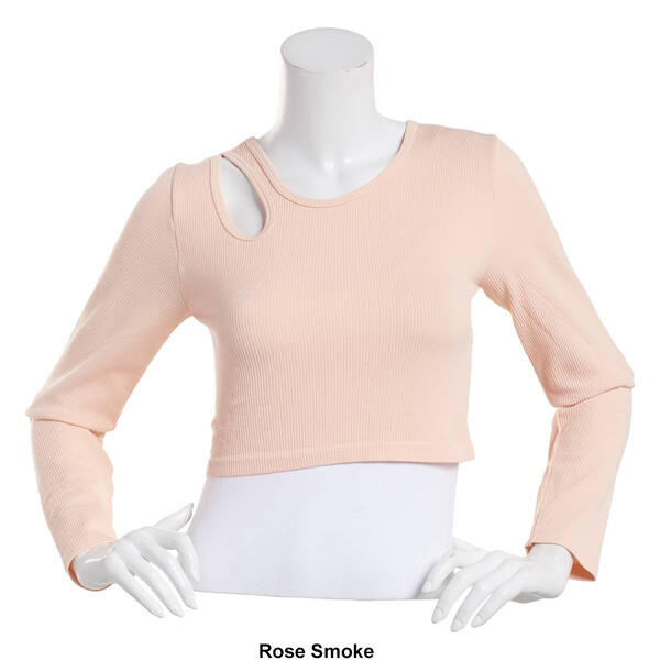 Juniors Poof! Long Sleeve Seamless Rib Shoulder Cut Out Crew Top