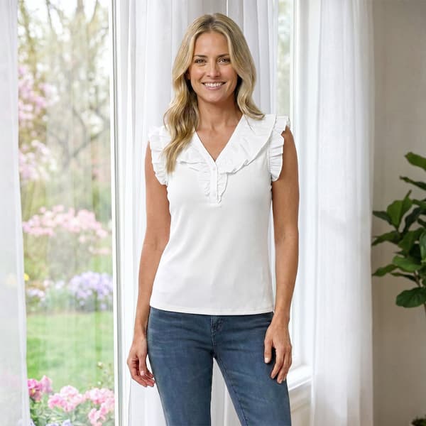 Womens Nicole Miller Cap Ruffle Sleeve V Neck Ribbed Blouse - image 