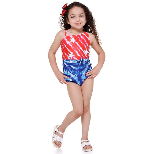 Girls (7-16) Breaking Waves Patriotic Tie Dye One Piece Swimsuit - image 