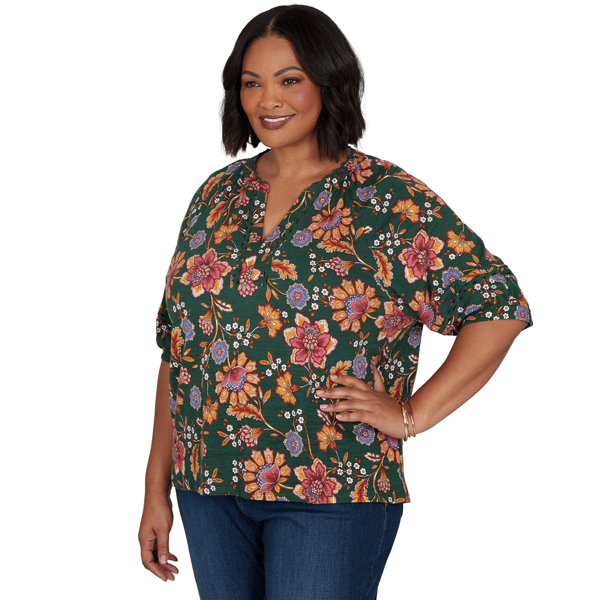 Plus Size Ruby Rd. Game of Luxe Elbow Sleeve Floral Vines Blouse