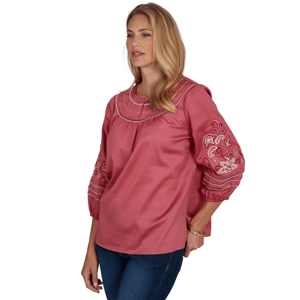 Petite Ruby Rd. Game of Luxe Embroidered Sleeve Voile Blouse