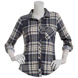 Juniors No Comment Plaid Fleece Roll Tab Button Front Top