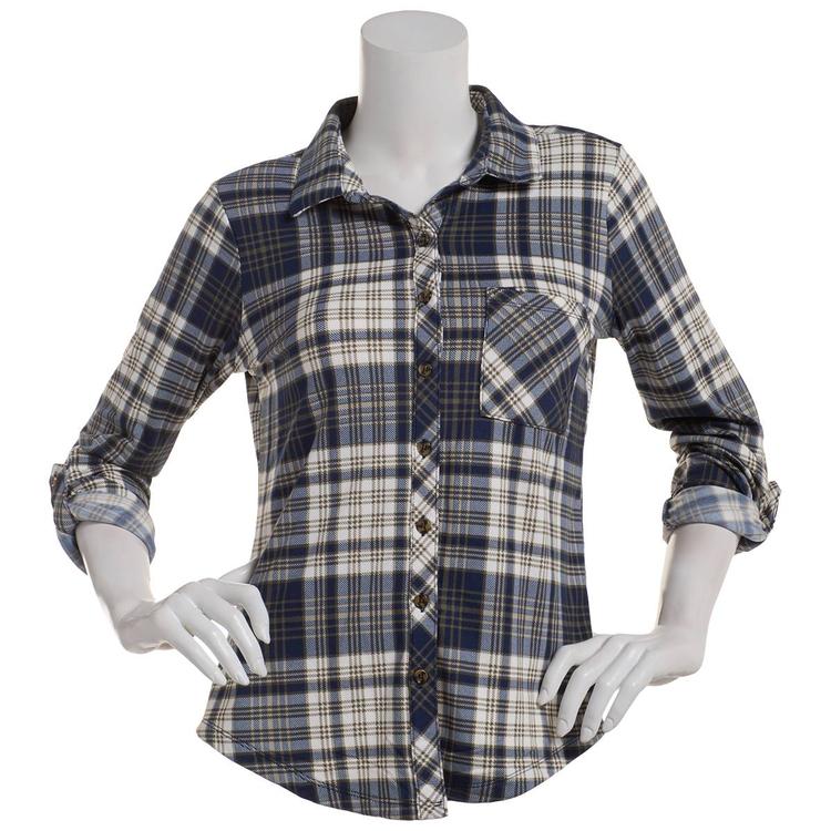 Juniors No Comment Plaid Fleece Roll Tab Button Front Top
