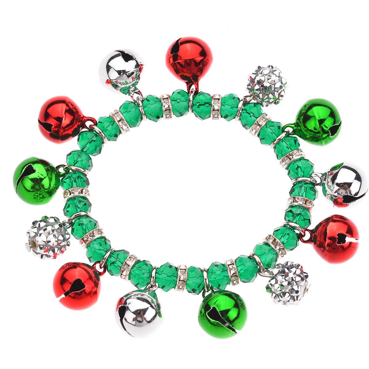 Silver-Tone Red/Green Bells Stretch Bracelet