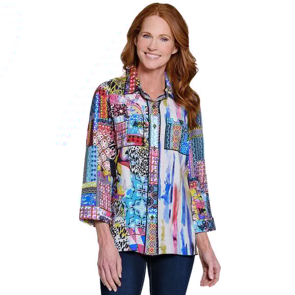 Womens Ali Miles 3/4 Sleeve Button Front Patchwork Blouse - image 