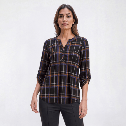 Womens Notations 3/4 Sleeve Plaid Pleat Blouse - Black Rust