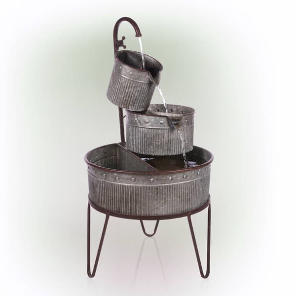 Alpine 3-Tier Stacked Rustic Metal Tub Planter Fountain