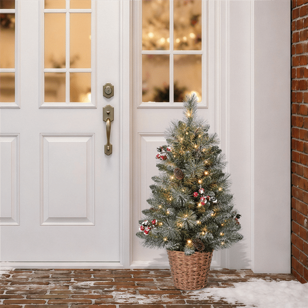 Puleo International 3ft. Pre-Lit Snowy Christmas Tree in Basket