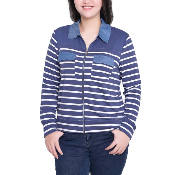 Womens NY Collection Zip Front Stripe French Terry Jacket