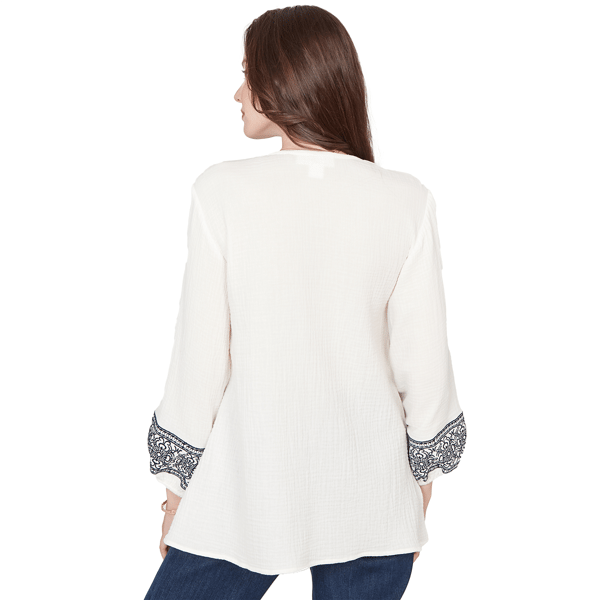 Womens Skye’s the Limit Fresh Start Scroll V-Neck Blouse