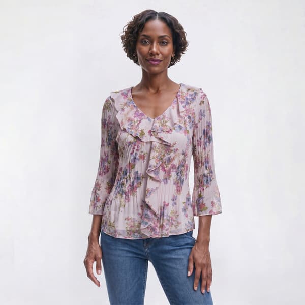 Womens Floral & Ivy 3/4 Ruffle Neck Floral Pleater Blouse