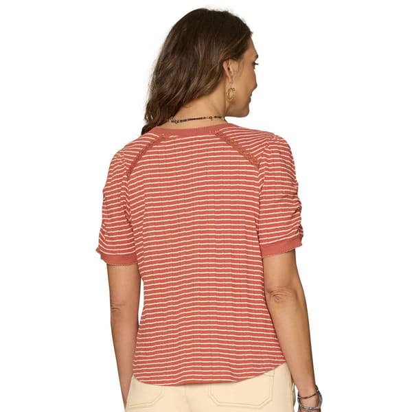 Petite Democracy Short Ruch Sleeve V Neck Stripe Blouse