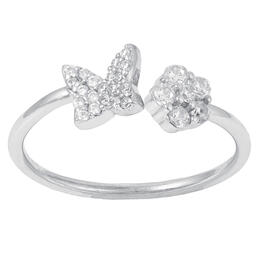 Sterling Silver Cubic Zirconia Pave Butterfly and Flower Ring